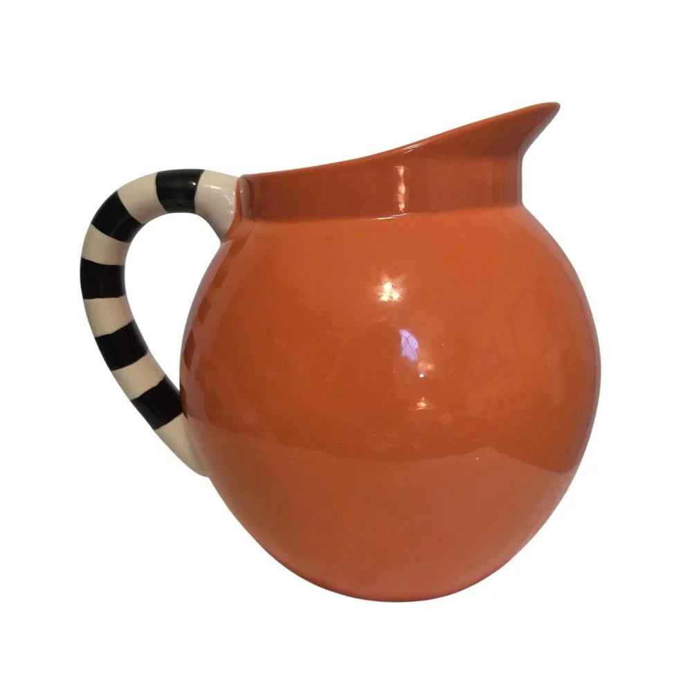 Hallmark Halloween Pumpkin‎ Pitcher Jack O Lantern Striped Handle Ceramic Orange
